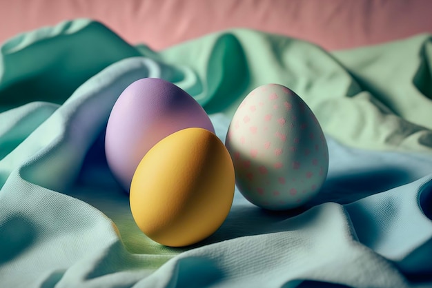 Natureza morta com ovos de Páscoa pastel coloridos em fundo de tecido Imagem atmosférica temperamental IA generativa