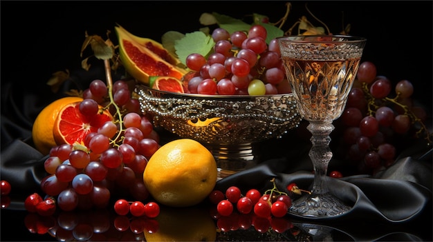 Natureza morta com uvas, laranjas e copo de vinho em fundo preto