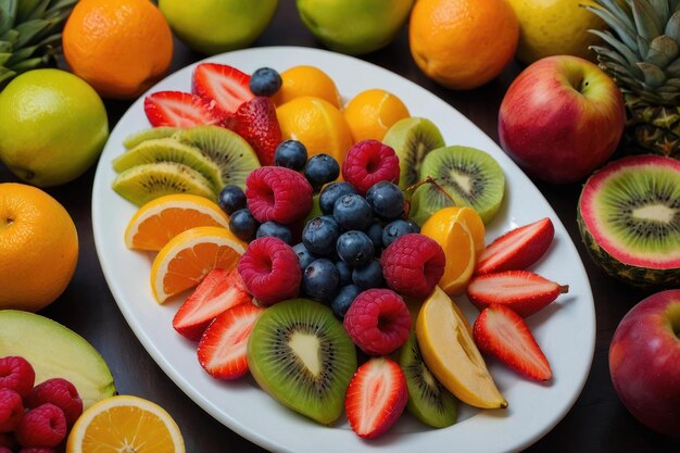 Foto natureza morta de arranjo de frutas coloridas