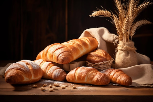 Foto natureza morta de croissants no fundo do convés ia generativa