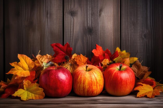 Natureza morta de outono com maçãs vermelhas e folhas coloridas em fundo de madeira maçãs abóboras e folhas caídas em fundo de madeira AI Gerado