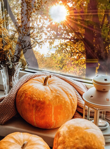 Natureza morta de outono no peitoril da janela lanterna acesa com velas Celebração de Halloween