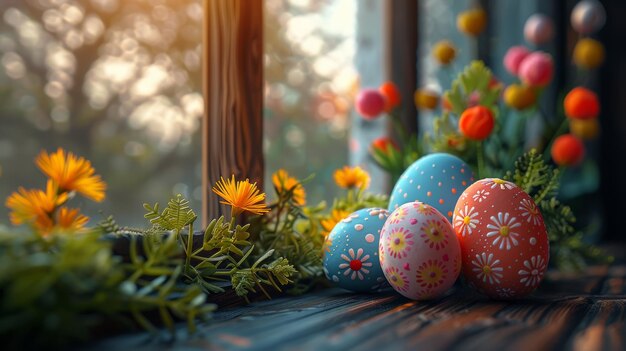 Natureza morta de Páscoa com ovos e flores em mesa de madeira Vista do jardim de primavera de janela aberta modelo de exibição