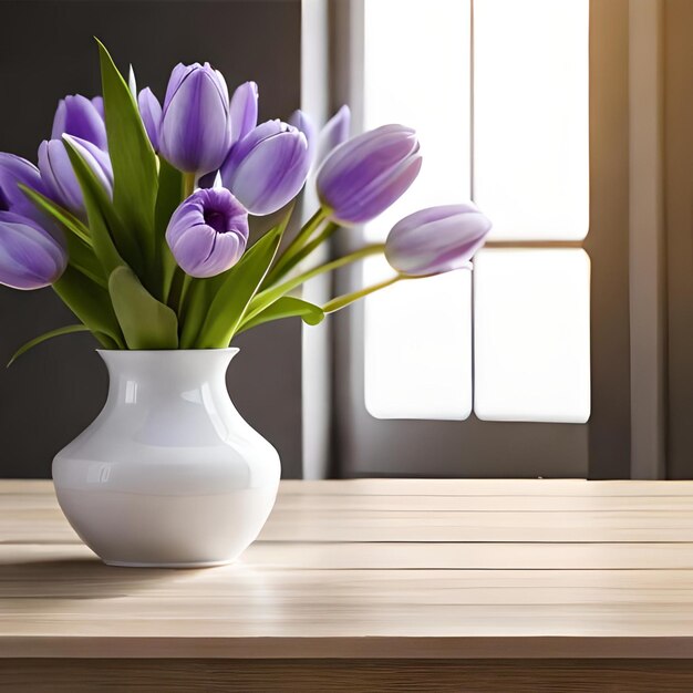 Natureza morta de primavera com vaso de tulipas roxas frescas Decoração da casa gerada ai