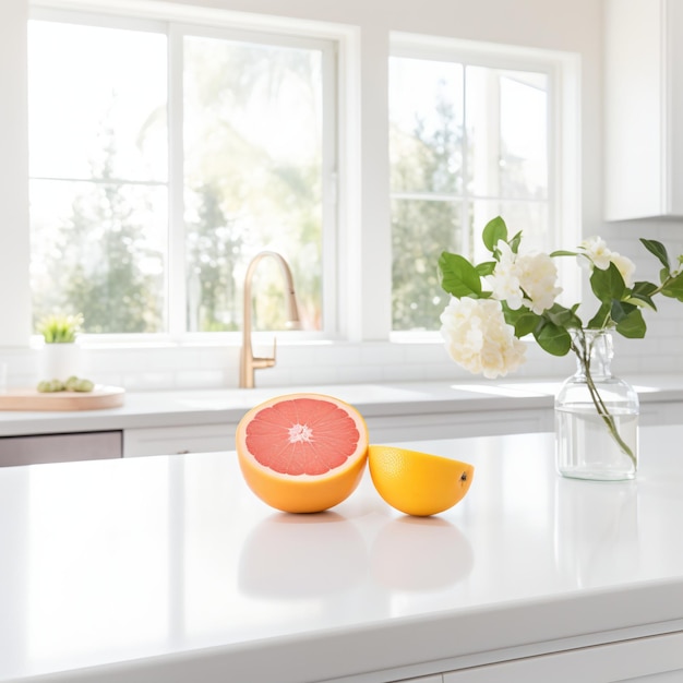 Natureza morta de uma toranja cortada ao meio e laranja em uma mesa de mármore branco