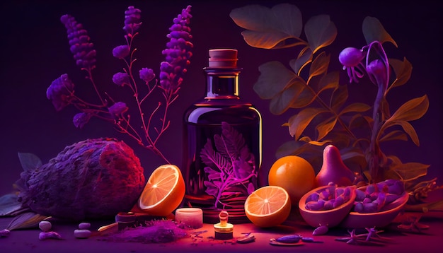 Natureza morta e detalhes de ingredientes naturais e orgânicos usados para medicamentos botânicos e terapias sob luz violeta Generative AIxA
