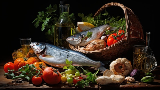 natureza morta peixe com comida legumes e pão