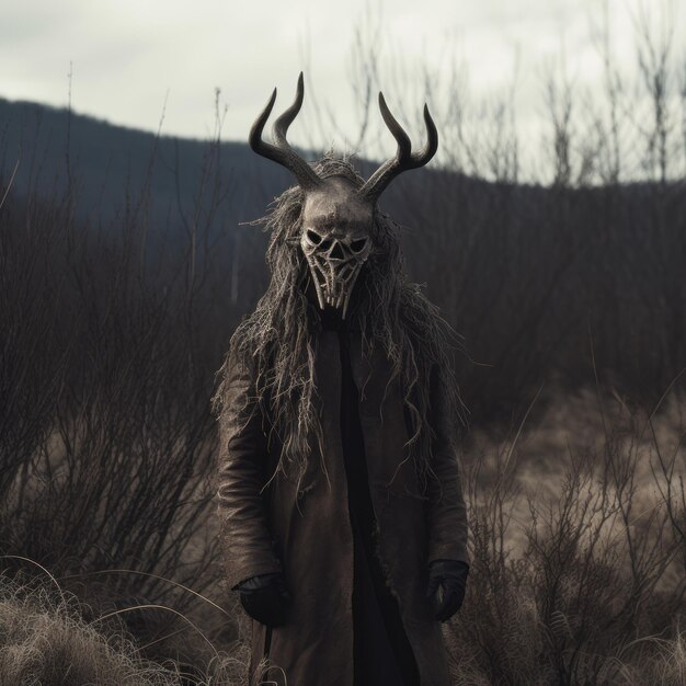 Natureza norueguesa máscara ritual escura e chifres em paisagens misteriosas