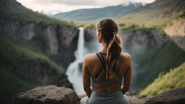 Natureza serena fuga mulher contemplando cachoeira aventura tranquila ao ar livre AI