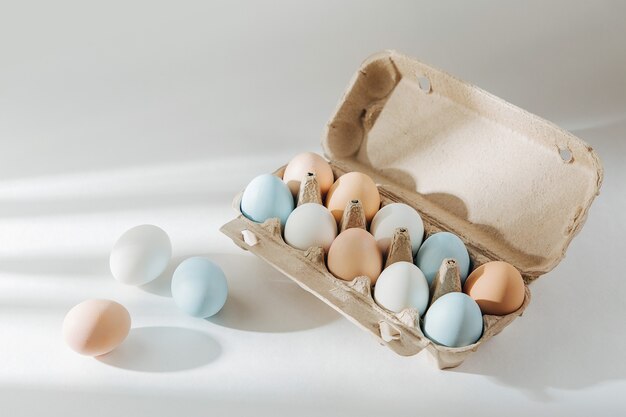 Naturfarbene braune und weiße Eier im Eierkarton mit Sonnenlicht. Kompositionen in Pastellfarben. Ostern Konzept.