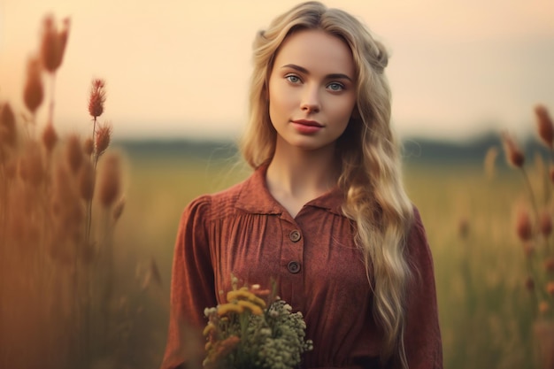 Naturfreude Das freudige Lächeln einer Frau erstrahlt zur goldenen Stunde inmitten einer blühenden Wiese