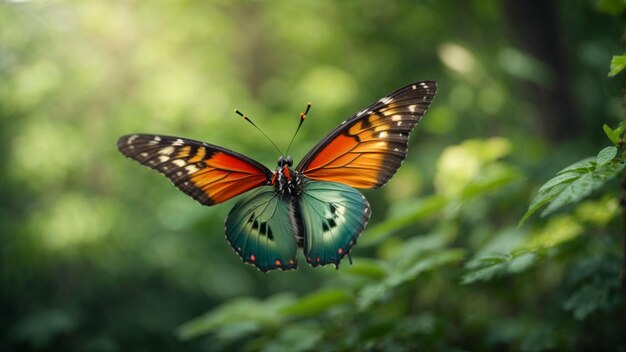 Naturhintergrund mit einem schönen fliegenden Schmetterling mit grünem Wald