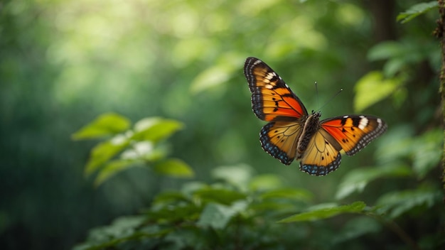 Naturhintergrund mit einem schönen fliegenden Schmetterling mit grünem Wald