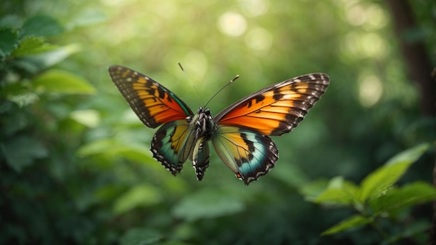 Naturhintergrund mit einem schönen fliegenden Schmetterling mit grünem Wald