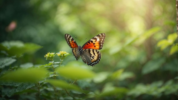 Naturhintergrund mit einem schönen fliegenden Schmetterling mit grünem Wald