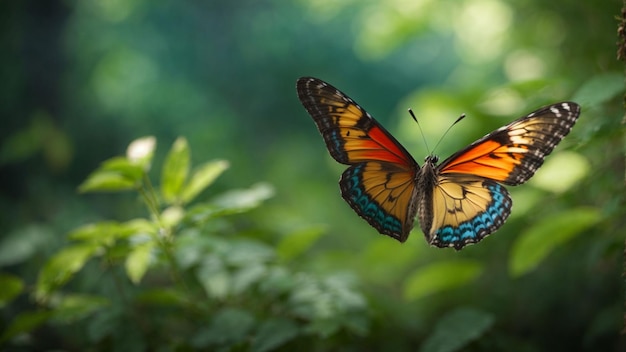 Naturhintergrund mit einem schönen fliegenden Schmetterling mit grünem Wald