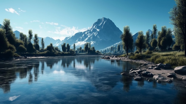 Naturlandschaft der Berge mit breitem See, umgeben von Bäumen an einem strahlend blauen Himmel