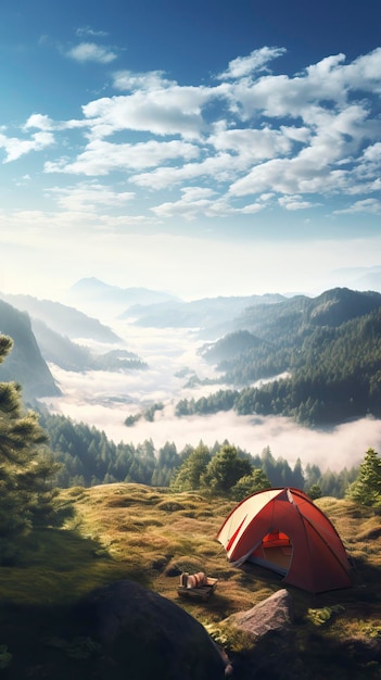 Naturlandschaft mit Nebel, bequeme Rucksack- und Campinglandschaft