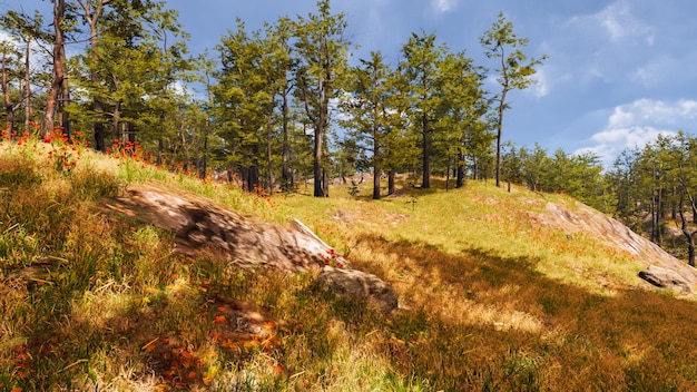 Naturlandschaft mit technologischen Elementen der Zukunft 3D-Rendering