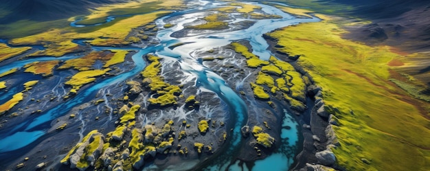 Naturlandschaftspanorama Berge Isländische Täler mit einem Fluss Generative KI