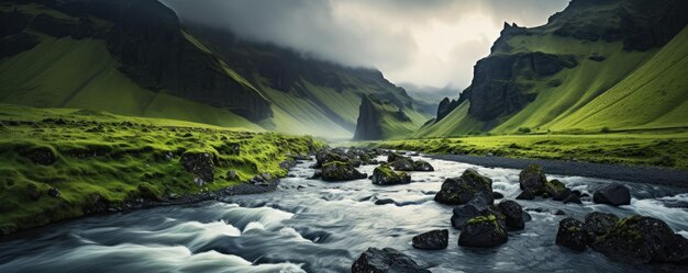 Naturlandschaftspanorama Berge Isländische Täler mit einem Fluss Generative KI