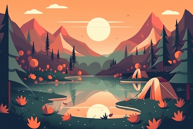 Naturlandschaftsplakatentwurf Sonnenuntergang Camp mit Zelten Pinienwald felsige Berge und See Reisende Silhouetten Ai generative Illustration
