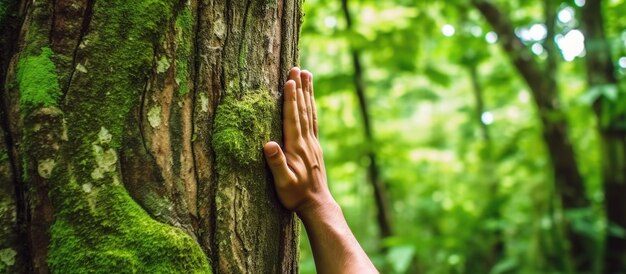 Naturliebhaber umarmt Stammbaum mit grünem Moschus im tropischen Wald