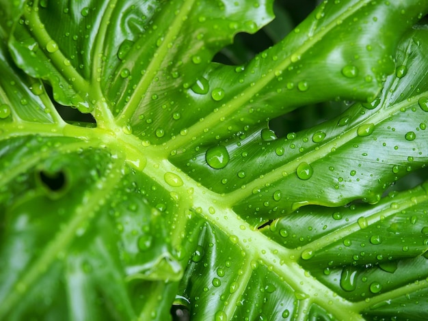 Naturregentropfen auf grünen Blättern Regenzeit