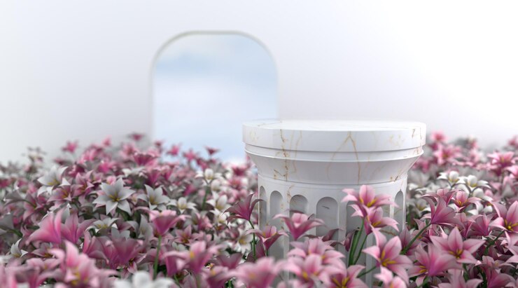 Naturschönheitspodiumkulisse mit Blumenfeldszene