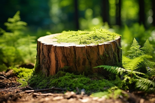 Naturskulptur aus Holz, bewachsen mit generativer künstlicher Intelligenz aus grünem Moos