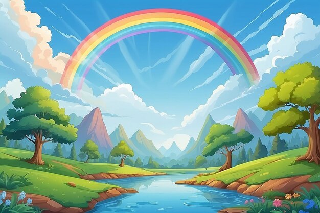 Naturszene im Hintergrund mit Regenbogen am Himmel Landschaft Cartoon-Ansicht