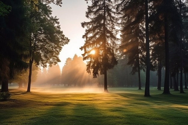 Naturszene im Sonnenuntergang Nebel Wald im malerischen Garten Helle helle Sonne Himmel Sonnenaufgang eines sonnigen Tages Morgen