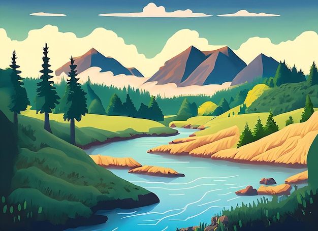 Foto naturszene mit fluss und hügeln, wald und berglandschaft, flache illustration im cartoon-stil