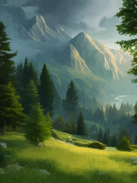 Naturwald, natürlicher Kiefernwald, Berge, Horizont, Landschaft, Tapete, Sonnenaufgang und Sonnenuntergang, Illustrationsvektor