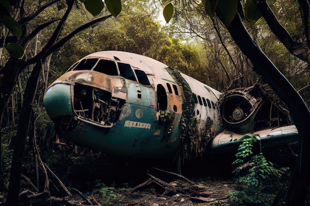 Naufrágio de avião cercado por densa folhagem e vida selvagem no coração da selva