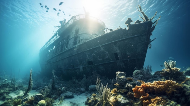 Naufragio en el fondo del océano paisaje submarino arrecifes de coral tropicales