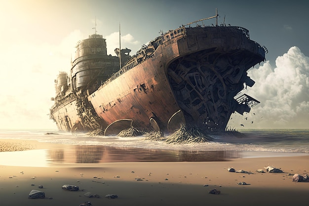 Naufrágio na praia do mar naufrágio de um velho navio enferrujado na areia por IA geradora de água