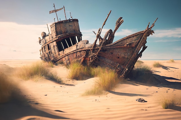 Naufrágio na praia do mar naufrágio de um velho navio ou barco enferrujado na IA geradora de areia