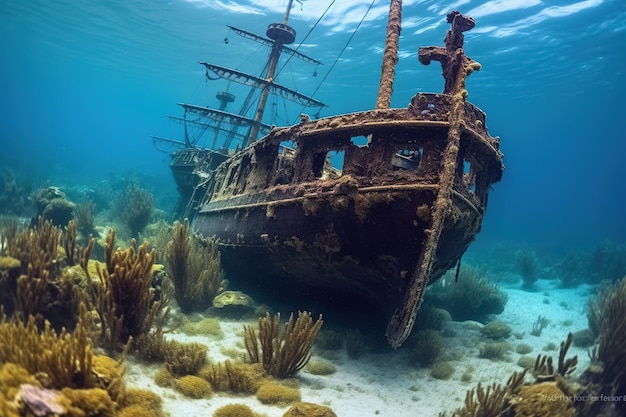 Naufrágio no mar Barco pirata sob o oceano Ilustração AI generativa