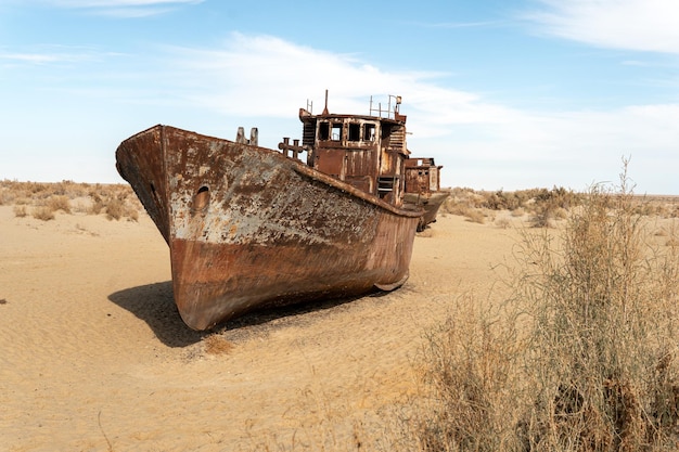 Naufragios oxidados en lo que solía ser el fondo marino del Mar de Aral El Mar de Aral ha perdido cantidades significativas de cobertura de agua debido al riego excesivo