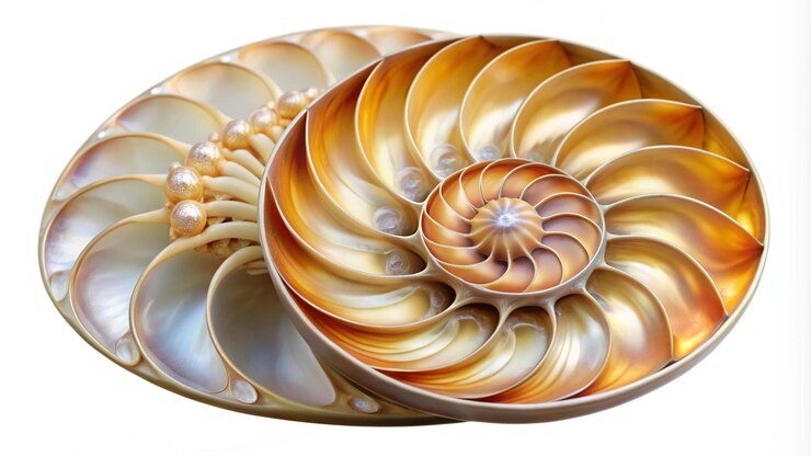 Foto nautilus concha sección transversal simetría espiral secuencia de fibonacci media rebanada patrón natural estructura crecimiento proporción de oro nautilus pompilius concha de mar molusco perla foto de stock foto imagen