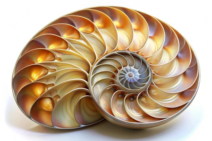 Foto nautilus concha sección transversal simetría espiral secuencia de fibonacci media rebanada patrón natural estructura crecimiento proporción de oro nautilus pompilius concha de mar molusco perla foto de stock foto imagen