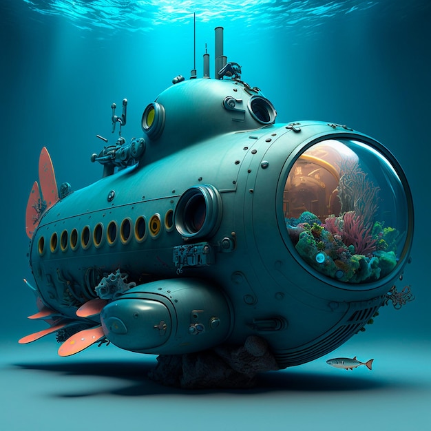 Nautilus submarino tecnológico na imagem 3D da coluna de água