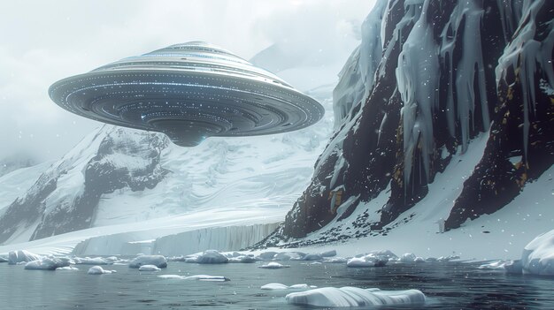 La nave alienígena se eleva sobre la montaña nevada