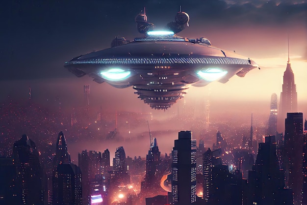 Nave alienígena flotando sobre la ciudad principal con sus luces brillando en los edificios de abajo