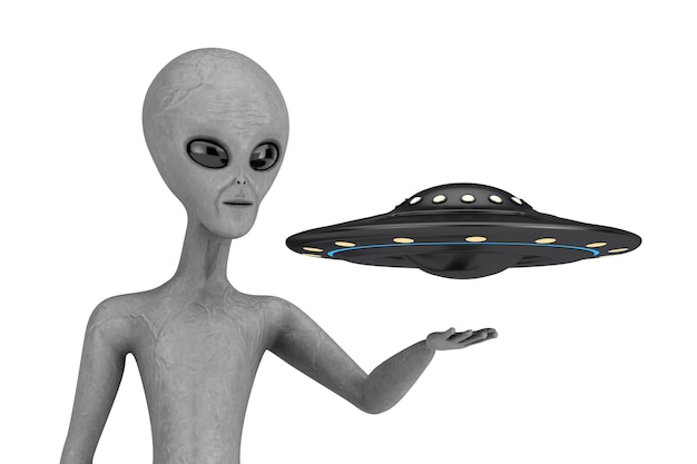 Nave alienígena UFO ou disco voador sobre assustador cinza humanóide mão alienígena renderização em 3d