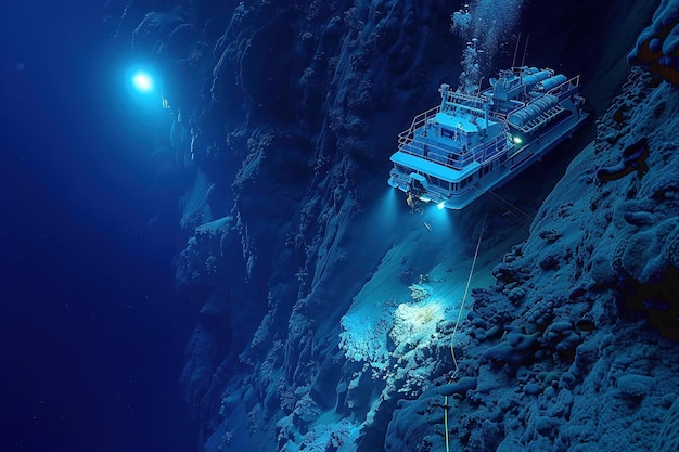 Foto nave de exploração subaquática pesquisa o fundo do oceano em busca de minerais raros no meio do mar profundo