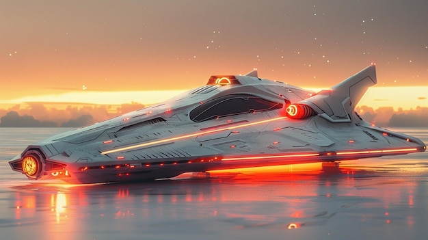 nave espacial en el agua con luces encendidas al atardecer generativo ai