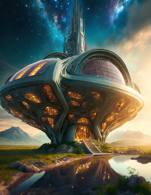 Una nave espacial alienígena de la casa futurista