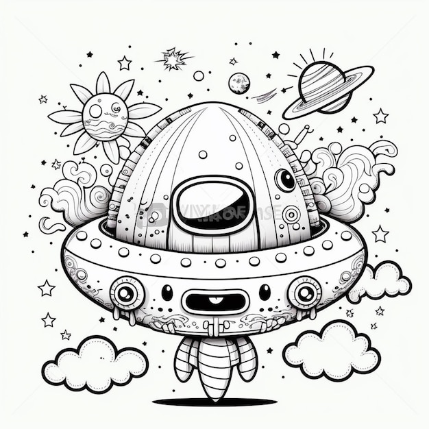 una nave espacial alienígena de dibujos animados con una nave espacial en el cielo generativa ai